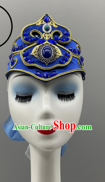 Chinese Mongol Nationality Dance Headpiece Ethnic Stage Performance Blue Hat Mongolian Minority Women Headwear