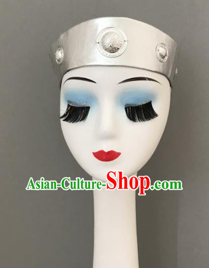 Chinese Ethnic Stage Performance Argent Hair Jewelry Mongolian Minority Bowl Dance Headwear Mongol Nationality Woman Headdress