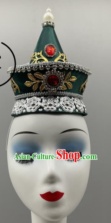 Chinese Mongol Nationality Woman Headdress Ethnic Stage Performance Deep Green Hat Mongolian Minority Dance Headwear