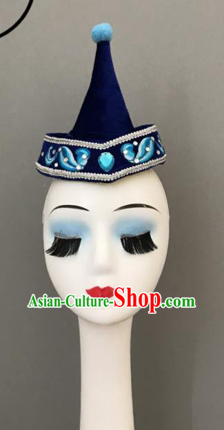 Chinese Mongolian Minority Dance Headwear Mongol Nationality Woman Headdress Ethnic Stage Performance Deep Blue Hat