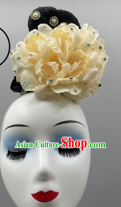 China Classical Dance Wig and Hair Jewelry Taoli Cup Dance Competition Headpieces Women Group Stage Performance Headwear