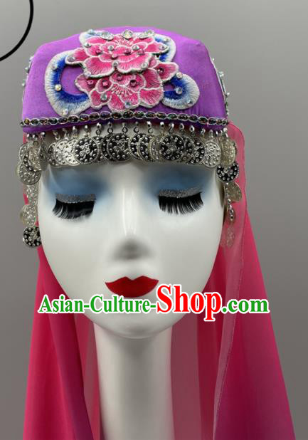 Chinese Xinjiang Minority Dance Purple Hat Uyghur Nationality Woman Headdress Ethnic Stage Performance Veil Headpiece