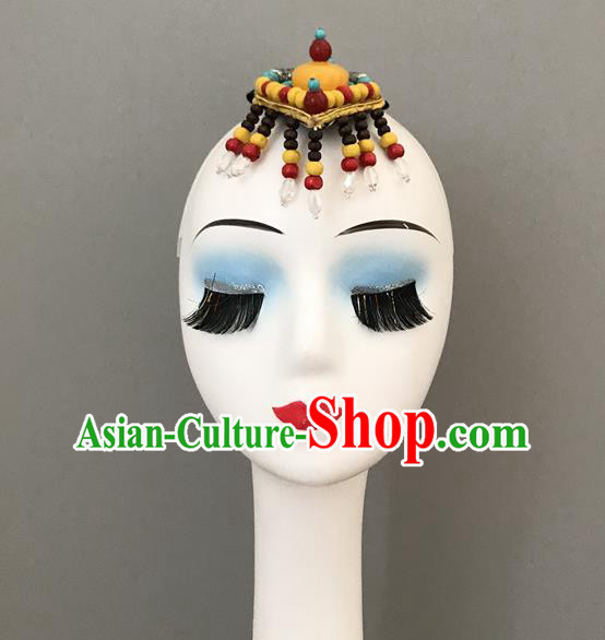 Chinese Zang Nationality Woman Headdress Ethnic Stage Performance Beads Headpiece Tibetan Minority Dance Hair Jewelry