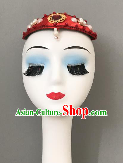 Chinese Mongolian Nationality Woman Headdress Ethnic Stage Performance Red Headpiece Mongol Minority Bowl Dance Hair Jewelry