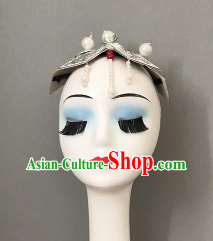 Chinese Mongol Minority Dance Hair Jewelry Mongolian Nationality Woman Headdress Ethnic Stage Performance White Beads Headpiece