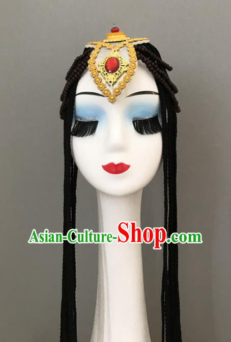 Chinese Ethnic Stage Performance Hair Jewelries Tibetan Minority Dance Headwear Zang Nationality Woman Braids Headdress