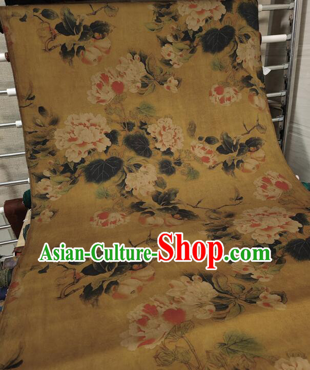 Chinese Traditional Cheongsam Yellow Silk Material Classical Peony Pattern Design Gambiered Guangdong Gauze Fabric