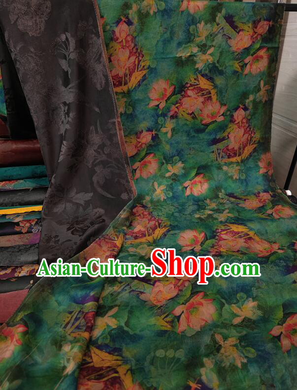 Chinese Classical Lotus Pattern Design Gambiered Guangdong Gauze Fabric Traditional Cheongsam Green Silk Material