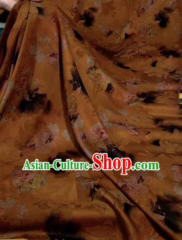 Chinese Traditional Cheongsam Orange Silk Material Classical Peony Pattern Design Gambiered Guangdong Gauze Fabric