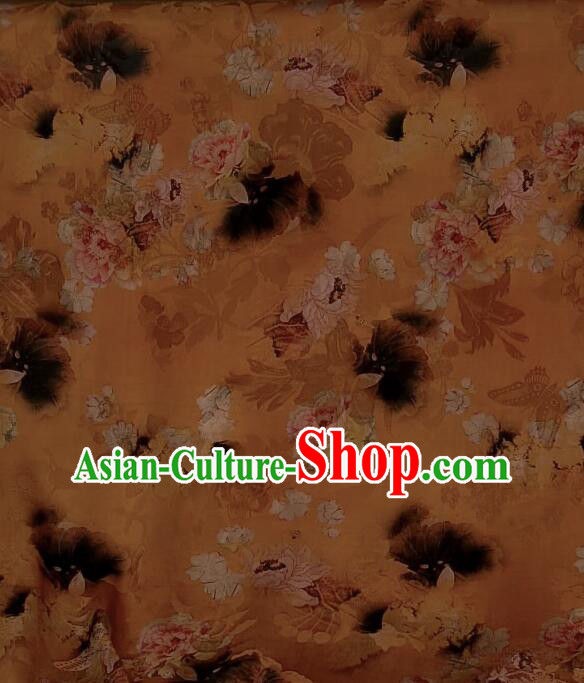 Chinese Traditional Cheongsam Orange Silk Material Classical Peony Pattern Design Gambiered Guangdong Gauze Fabric