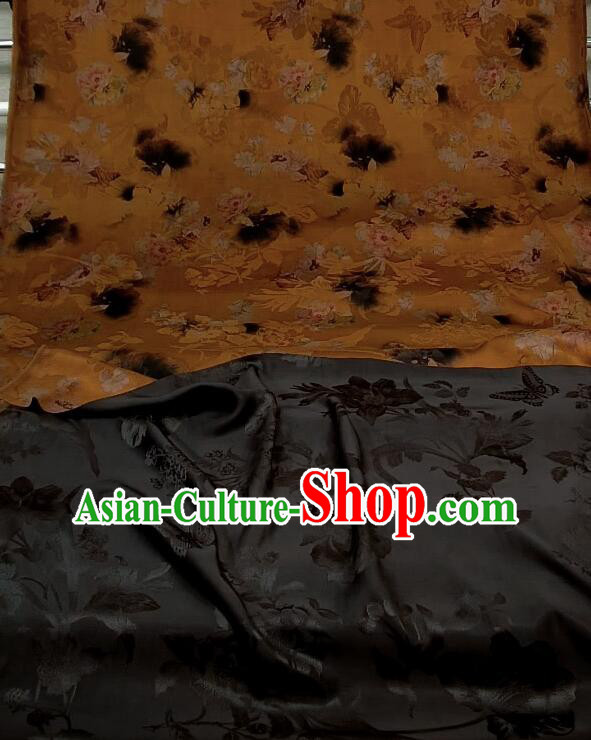 Chinese Traditional Cheongsam Orange Silk Material Classical Peony Pattern Design Gambiered Guangdong Gauze Fabric
