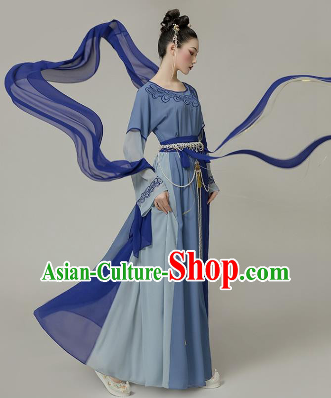 Chinese Tang Dynasty Blue Hanfu Dress Traditional Dunhuang Flying Apsaras Garment Costumes Ancient Fairy Clothing