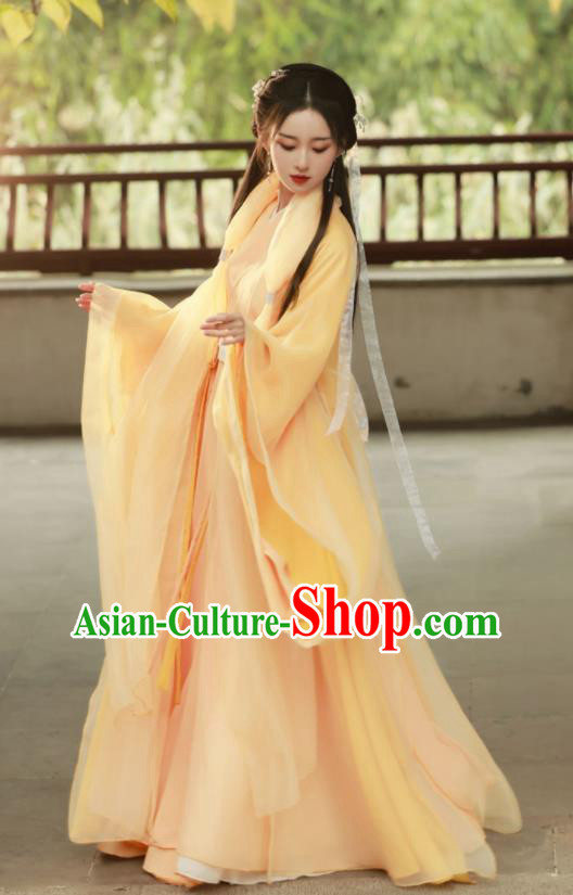 Chinese Traditional Yellow Hanfu Dress Jin Dynasty Princess Costume Ancient Goddess Clothing