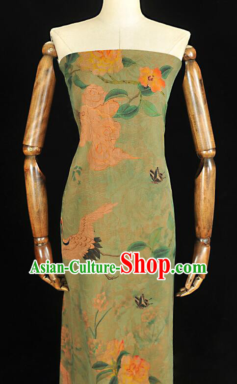 Chinese Classical Jacquard Silk Fabric Green Gambiered Guangdong Gauze Traditional Crane Pattern Design Dress Material