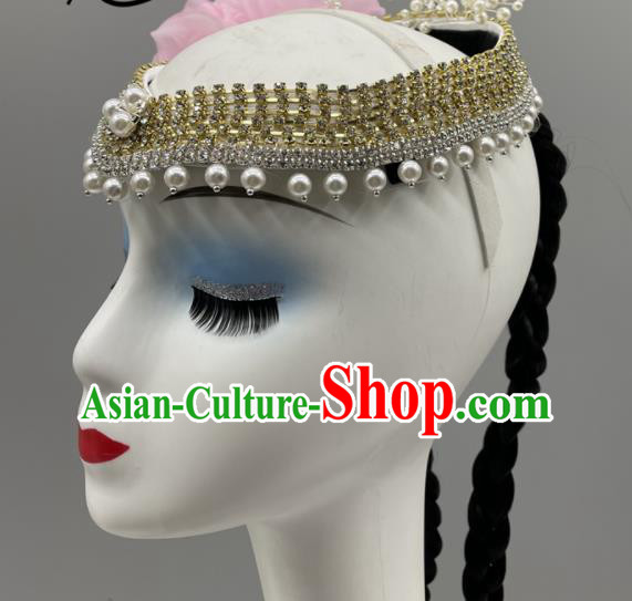 Chinese Xinjiang Dance Hair Jewelry Uyghur Nationality Dance Braid Headdress Folk Dance Pearls Headpiece