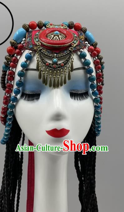 Chinese Tibetan Folk Dance Beads Headpiece Stage Performance Hair Jewelry Zang Nationality Dance Braid Headdress