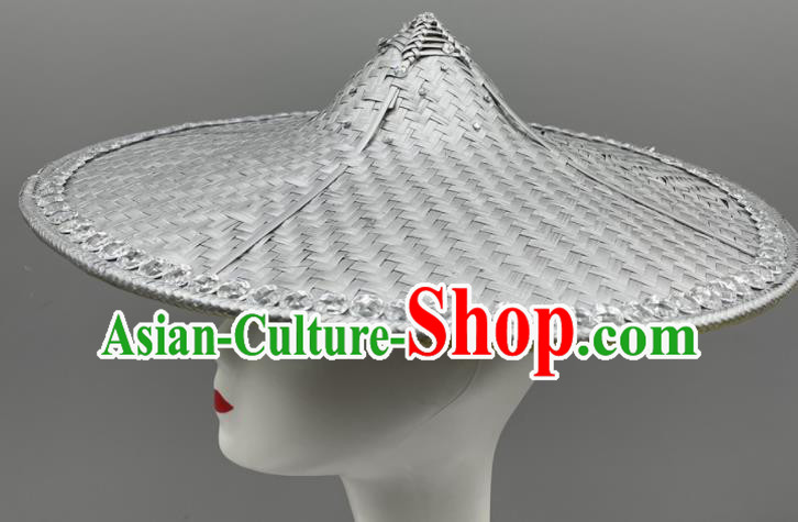 Chinese Dai Nationality Dance Headdress Yunnan Folk Dance Grey Bamboo Hat Stage Performance Headwear