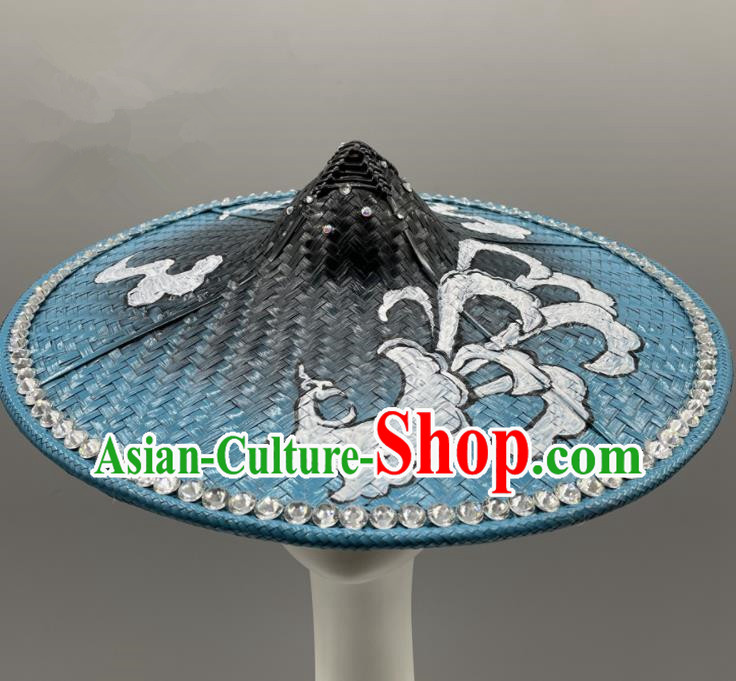 Chinese Stage Performance Headwear Dai Nationality Dance Headdress Yunnan Folk Dance Hand Painting Blue Bamboo Hat
