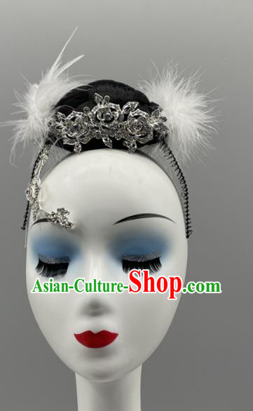Chinese Stage Performance White Feather Hair Comb Folk Dance Hairpiece Yangko Dance Headwear Women Group Dance Hair Jewelry