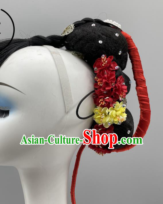 Chinese Stage Performance Wig Chignon Classical Dance Hairpiece Woman Dance Competition Headdress