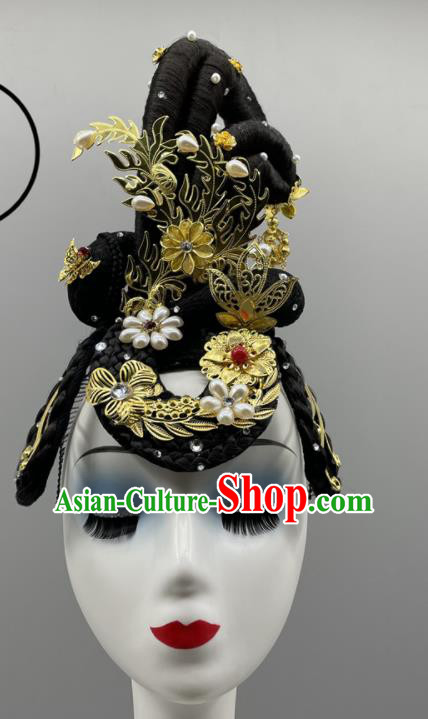 Chinese Women Group Dance Headpiece Classical Dance Headdress Beauty Dance Hair Jewelries Stage Performance Wig Hairpieces