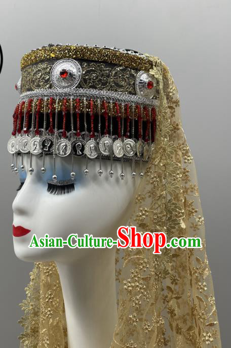 Chinese Tajik Nationality Folk Dance Headdress Xinjiang Dance Bells Hat Ethnic Stage Performance Veil Headwear
