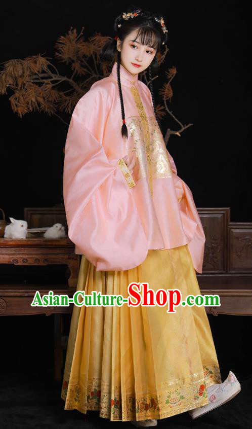 Chinese Ming Dynasty Princess Garment Costumes Traditional Hanfu Dress Ancient Palace Beauty Clothing Pink Blouse and Yellow Skirt Complete Set