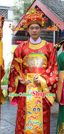 Chinese Traditional New Year Celebration Red Gown Fortune God Garment Costumes Ancient God of Wealth Clothing