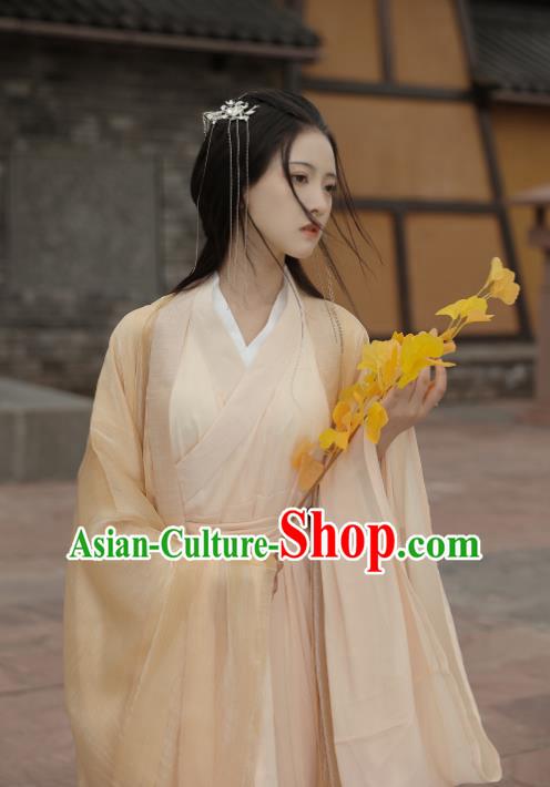 Chinese Ancient Young Beauty Clothing Jin Dynasty Swordswoman Garment Costumes Traditional Yellow Hanfu Dresses
