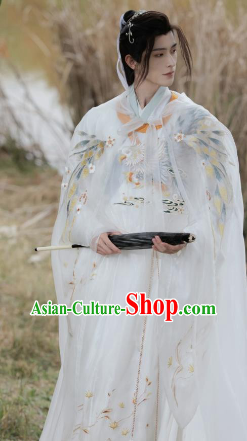 China Ancient Swordsman Costume Ming Dynasty Male White Cape Traditional Hanfu Embroidered Cloak