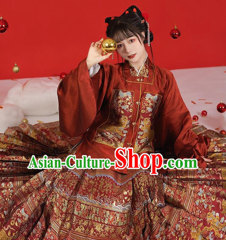 China Ancient Young Lady Costumes Ming Dynasty Princess Clothing Traditional Hanfu Red Blouse and Skirt Complete Set