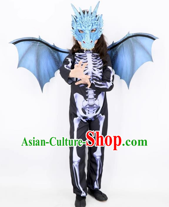 Halloween Fancy Ball Costume Carnival Clothing Cosplay Dinosaur Blue Mask and Wings Set