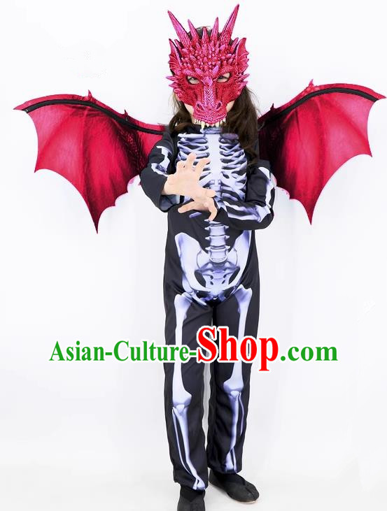 Top Halloween Fancy Ball Costume Carnival Clothing Cosplay Dinosaur Red Mask and Wings Set