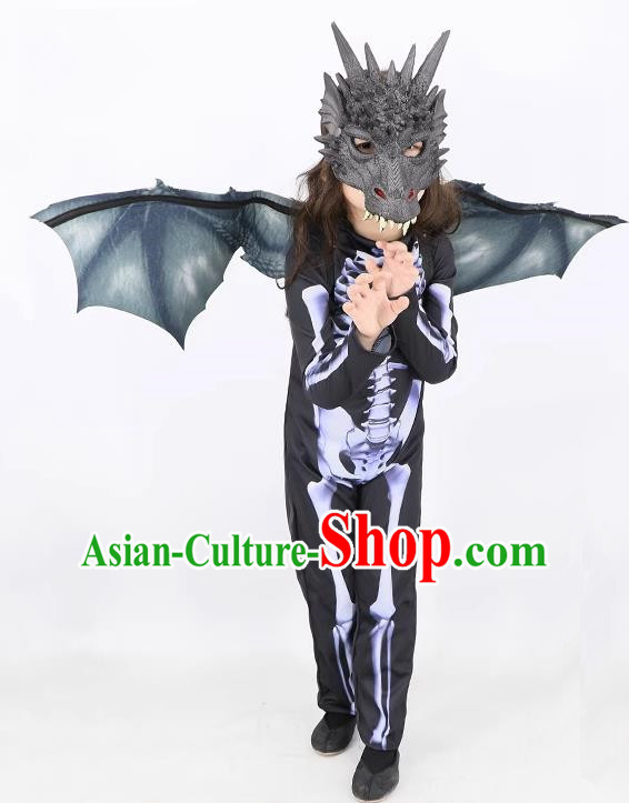 Top Cosplay Dinosaur Dark Gray Mask and Wings Halloween Fancy Ball Costume Carnival Clothing Set