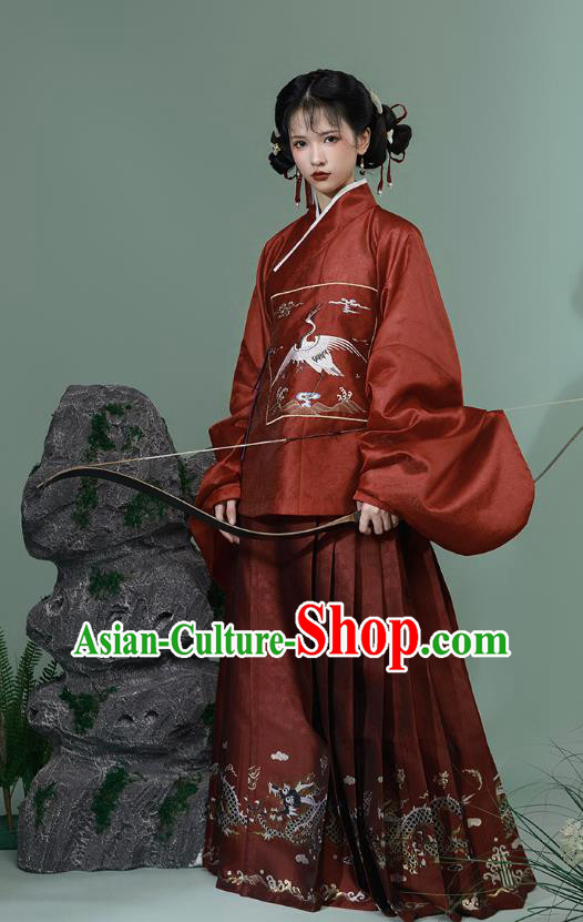 China Traditional Hanfu Ancient Young Woman Costumes Ming Dynasty Red Brocade Shirt and Skirt Complete Set