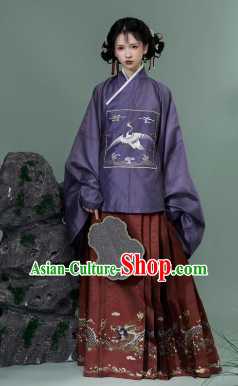 China Traditional Hanfu Ming Dynasty Purple Blouse and Red Ma Mian Qun Skirt Ancient Young Woman Costumes Complete Set