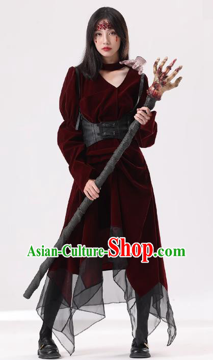 Top Cosplay Demon Dark Red Dress Halloween Fancy Ball Vampiress Costume for Women