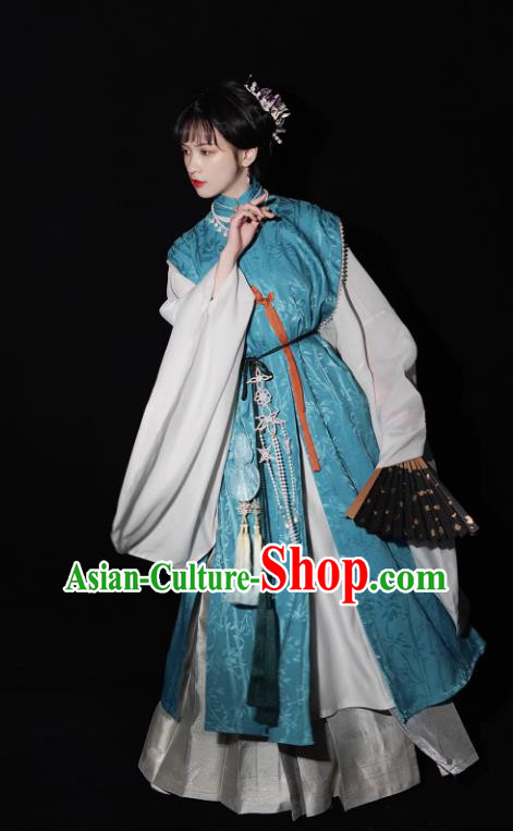 China Ming Dynasty Historical Clothing Traditional Hanfu Blue Vest Long Gown and Mamian Skirt Ancient Noble Woman Costumes