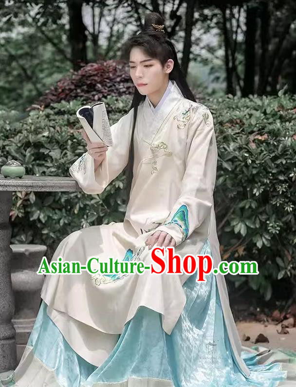 China Ancient Noble Childe Costumes Ming Dynasty Historical Clothing Traditional Hanfu Beige Long Gown and Blue Mamian Skirt