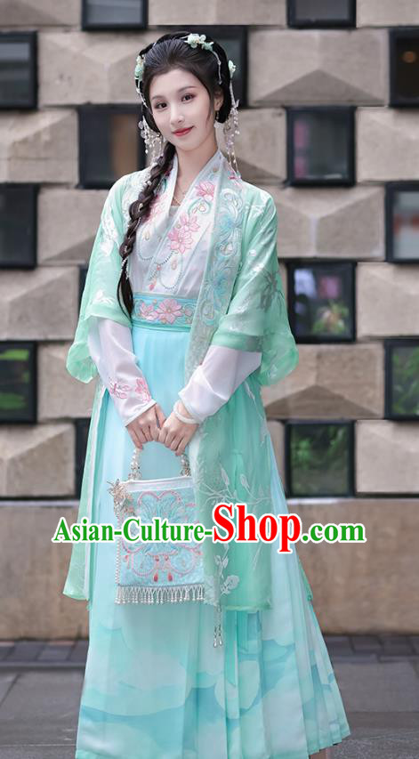 China Ancient Song Dynasty Young Lady Costumes Traditional Embroidered Green Hanfu Dress Complete Set