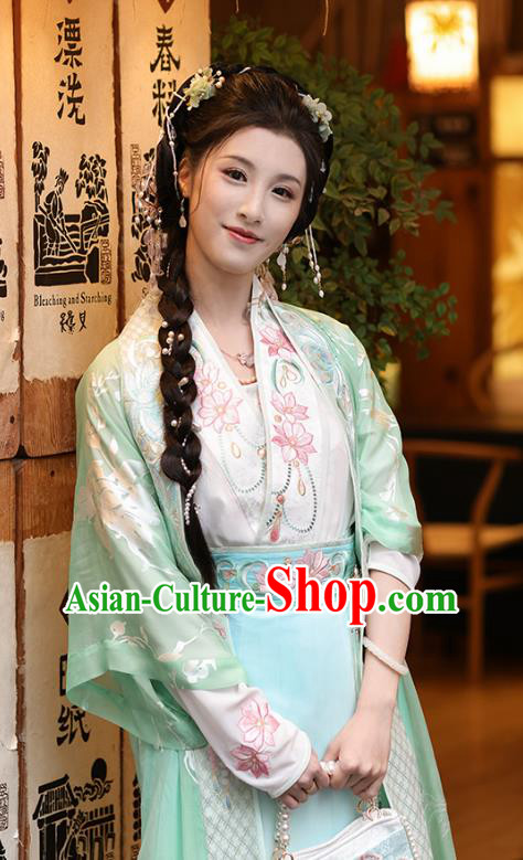 China Ancient Song Dynasty Young Lady Costumes Traditional Embroidered Green Hanfu Dress Complete Set