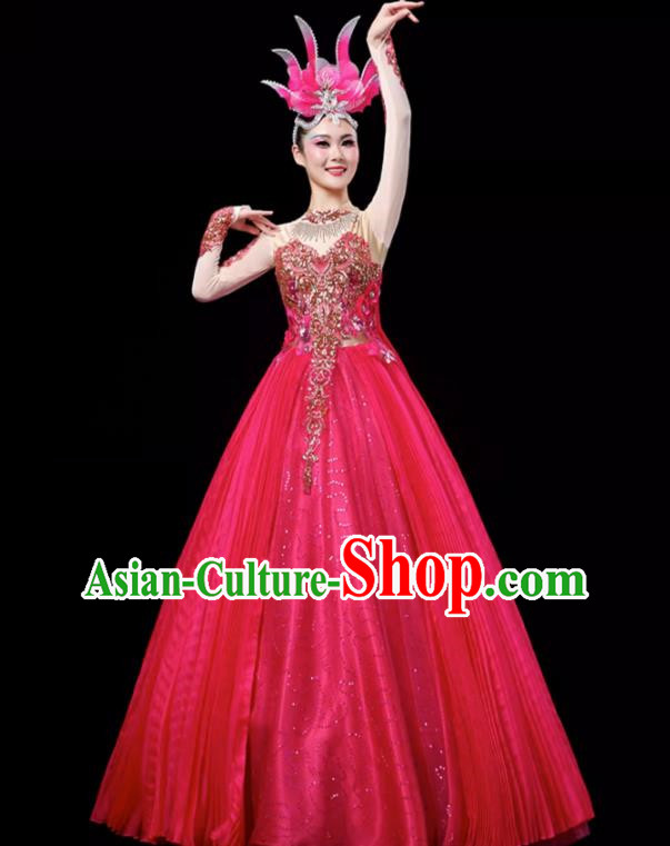 Rose Red Opening Dance Large Swing Skirt Dance Costume Large Party Stage Costume Performance Costume Long Skirt Tutu Skirt Wings