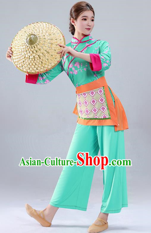 Light Green Tea Picking Female Dance Costumes Bamboo Hats Yangko Costumes Adult Village Girl Costumes Ethnic Style Costumes