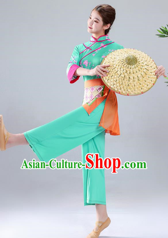 Light Green Tea Picking Female Dance Costumes Bamboo Hats Yangko Costumes Adult Village Girl Costumes Ethnic Style Costumes