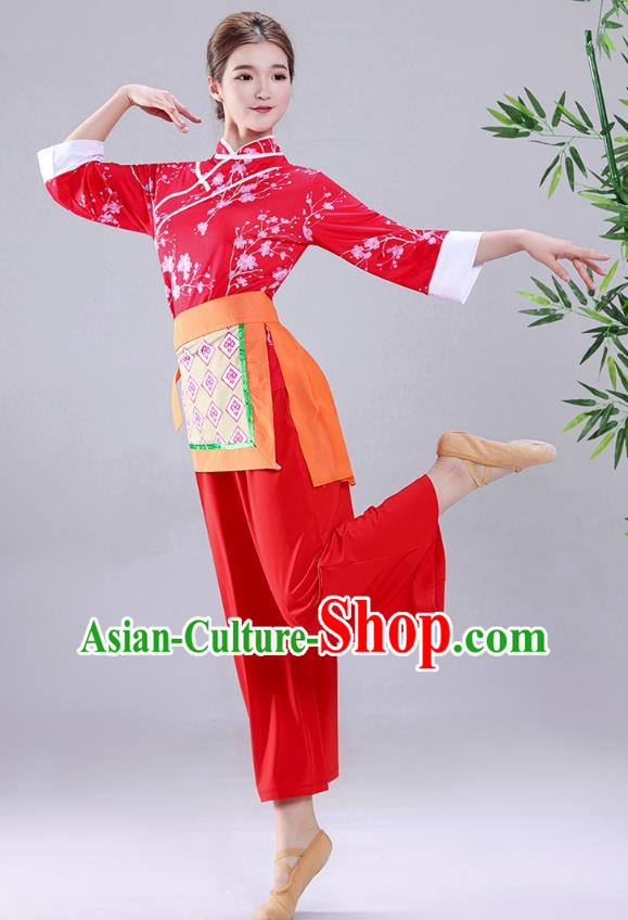 Red Tea Picking Female Dance Costumes Bamboo Hats Yangko Costumes Adult Village Girl Costumes Ethnic Style Costumes