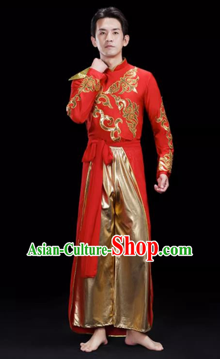 Red Men S Drumming Suit Opening Dance Costume Male Backup Dancer Suit Modern Dance Costume Fan Dancer Dragon Dance Costume