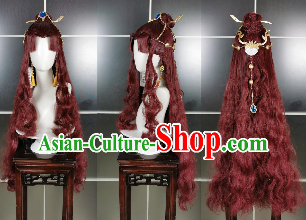 Penglai Npc Ginger Fish Wig Headdress Sword Net 3 Sword Three Cosplay Headwear Styling Hair