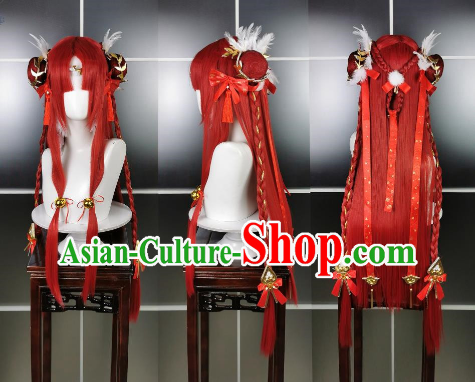 Red String Farewell Night Chicken Red Lolita Wig Headdress Jian San Cosplay Wig Headgear Red Hair