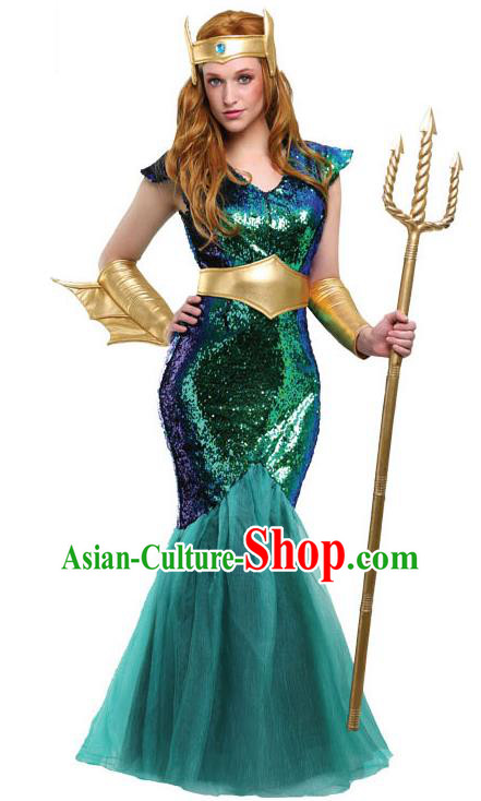Halloween Fancy Ball Costume Cosplay Greek Goddess Green Dress Renaissance Stage Performance Siren Clothing