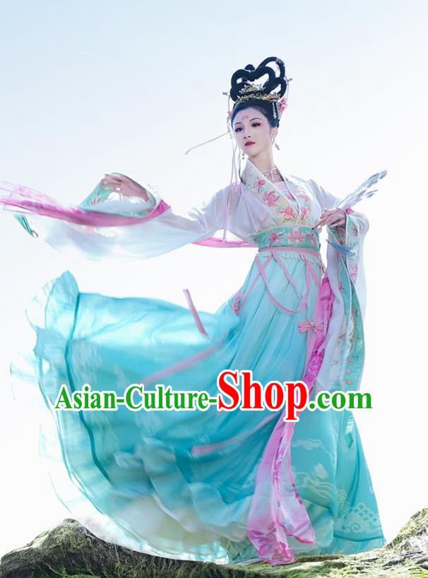 China Jin Dynasty Historical Costumes Embroidered Hanfu Dress Ancient Goddess Green Clothing